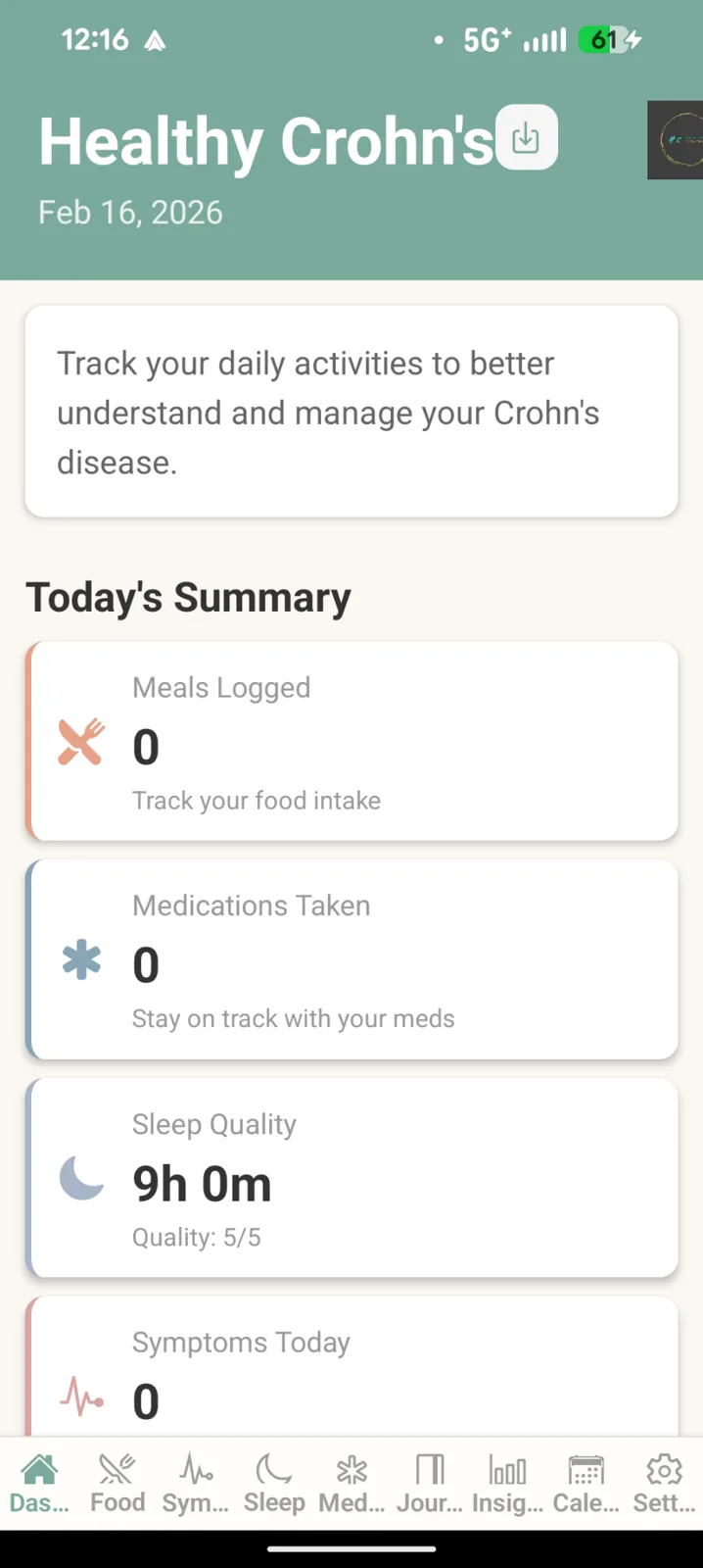 Healthy Crohns app: Dashboard
